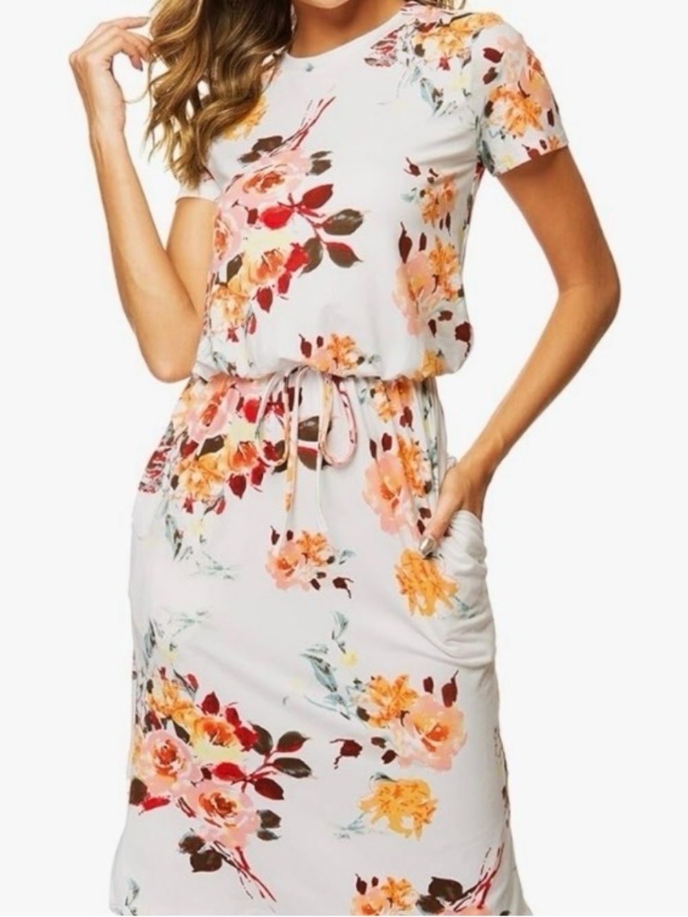 Simier Fariry Tie-Waist Floral Short Sleeve Midi Dress Size L Casual Comfortable